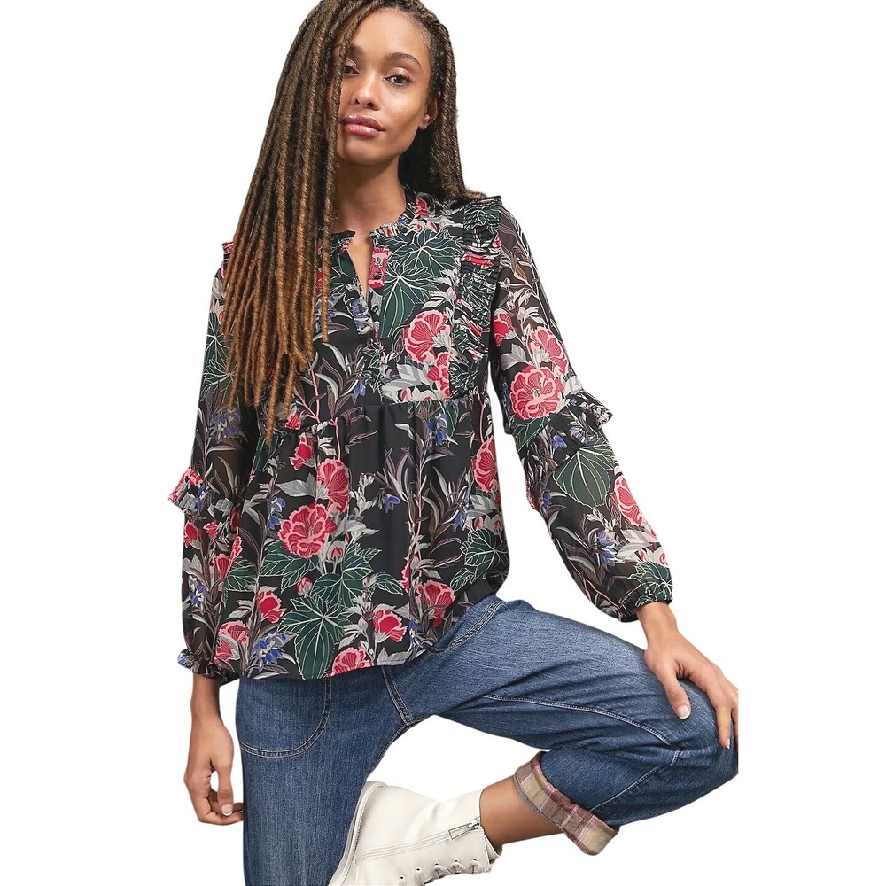 NWT Anthropologie Daniel Rainn Aggie Floral Blouse Boho Black Pink Ruffle Top 1X